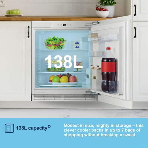 Fridgemaster MBUL60138E Integrated Under Counter 82cm Fridge - Fixed Door Hinge Kit - White  - annotation - capacity shot