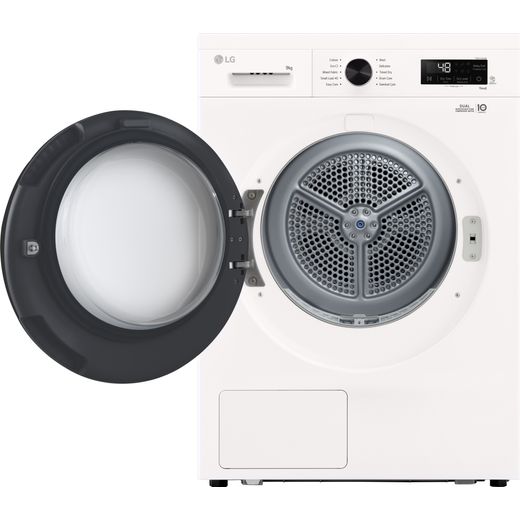 LG X10 Series Direct Drive™ RHX1009NWK Wifi Connected 9Kg Heat Pump Tumble Dryer - White - Front with door open shot