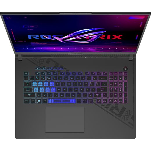 ASUS ROG Strix G18 Laptop - NVIDIA® GeForce RTX™ 5070, AMD Ryzen™ 9, 1TB SSD, 32 GB RAM - Black / Grey - Top keyboard perpsective shot