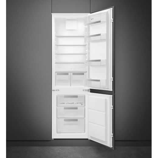Smeg Integrated Fridge Freezer - Silver - Door open in grey room