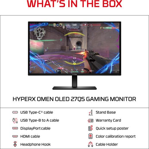 HyperX OMEN 27" Quad HD 500Hz OLED Gaming Monitor with FreeSync™ Premium Pro with NVidia G-Sync - Black - annotation - what's in the box shot