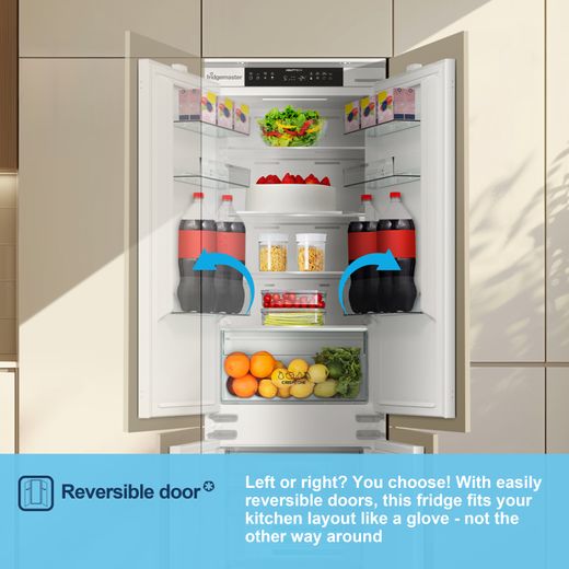 Fridgemaster MBC55252NE 177cm 70/30 Integrated No Frost Fridge Freezer with Sliding Door Fixing Kit - White - Annotation - Reversible door