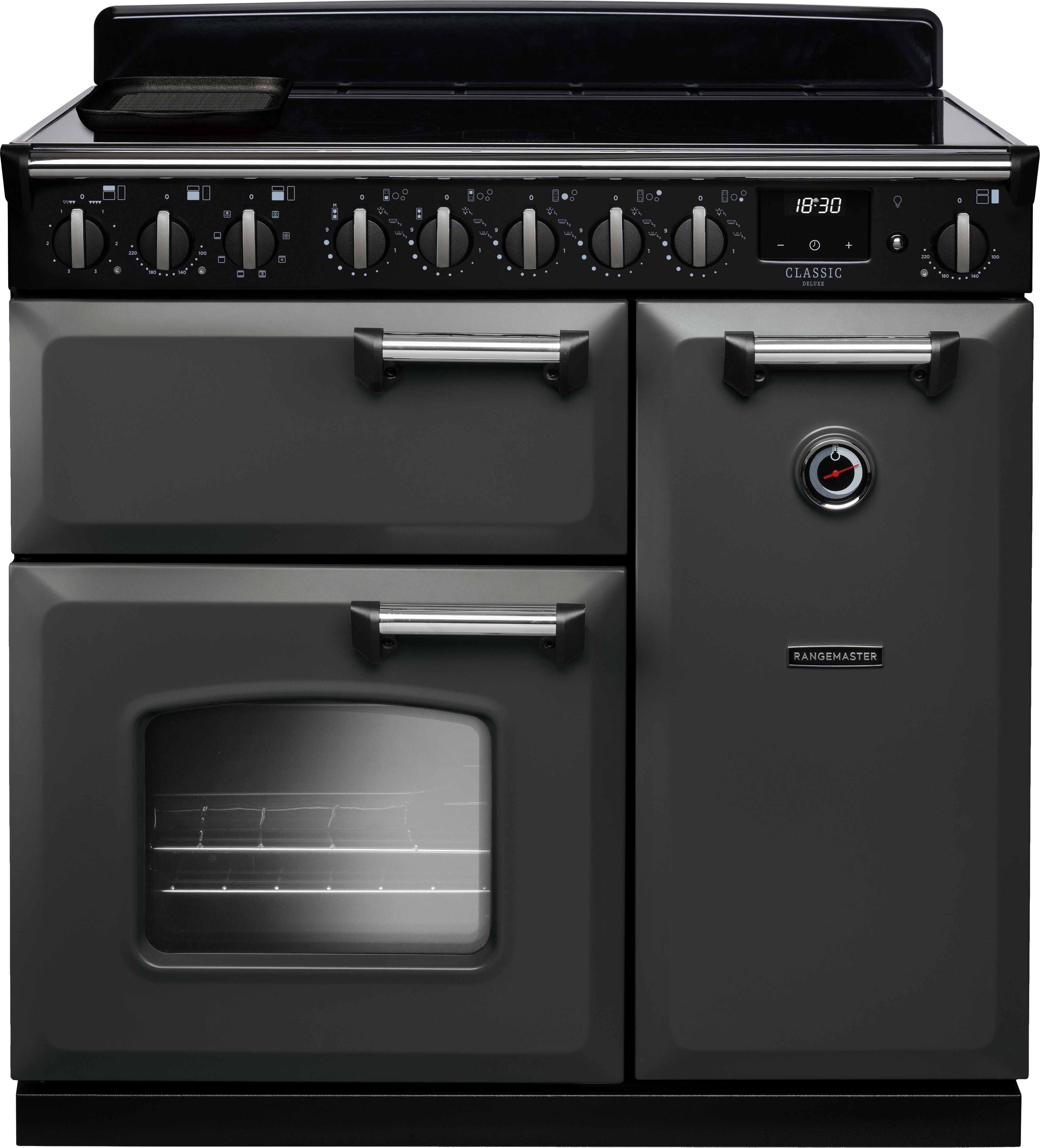 Image of Rangemaster Classic Deluxe CLDL90EIPSLT/CM1 90cm wide Electric Range Cooker with Induction Hob - Slate / Chrome - A/A Rated, Grey