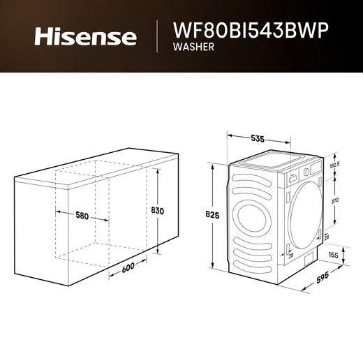 Hisense 5 Series WF80BI543BWP 8kg WiFi Connected Auto Dosing Washing Machine with 1400 rpm - dimensions