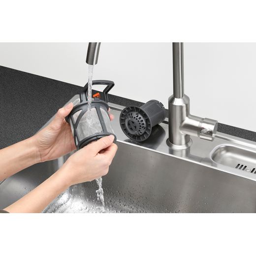 AEG Slimline Dishwasher - Grey - Person cleaning filter shot