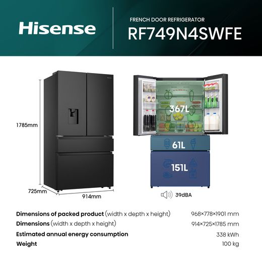 Hisense PureFlat American Fridge Freezer - Black / Stainless Steel - Annotation - Dimension shot