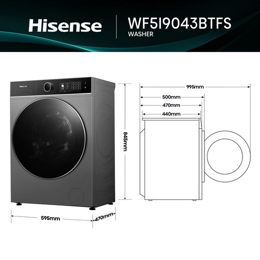 Hisense 5i KitchenFit Series WF5I9043BTFS 9kg Washing Machine with 1400 rpm - Titanium - Dimensions