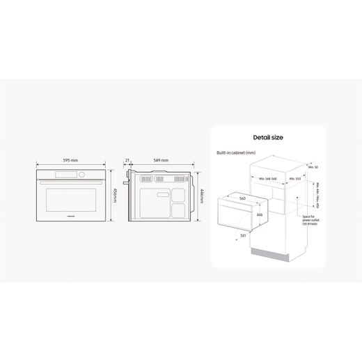 Samsung Bespoke Series 5 Compact Built In Electric Single Oven with Microwave Function - Stainless Steel - Dimensions