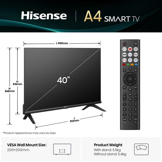 Hisense A4Q 40" HD Smart TV - Annotation - Dimensions shot 