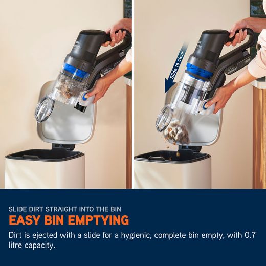 Vax HomePro Detect Pet Cordless Vacuum Cleaner with up to 45 Minutes Run Time - Blue / Graphite - Annotation - Easy bin empty shot
