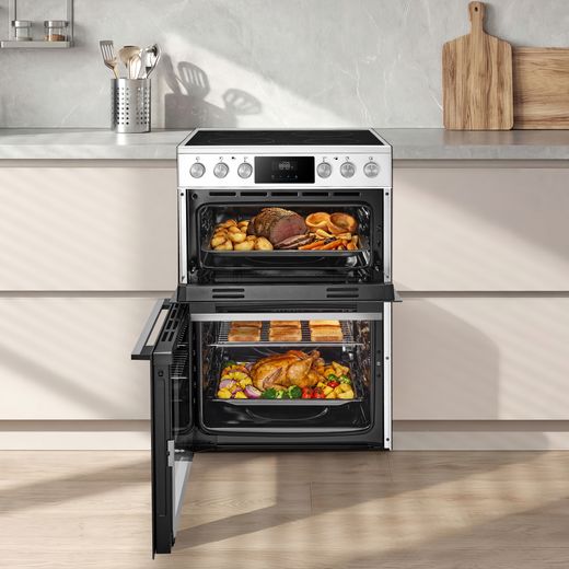 Midea MFO24EME4R118-WH 60cm Wide Double Oven Electric Cooker with Ceramic Hob - White - cooker in kitchen shot