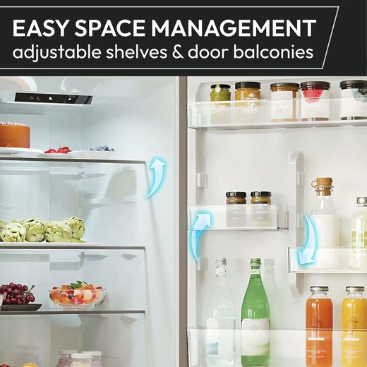 Hoover H-FRIDGE 400 HONBQL3518EVK-UK Wifi Connected 177cm 70/30 Integrated Fridge Freezer with Sliding Door Fixing Kit - White - Annotation - Adjustable shelves shot