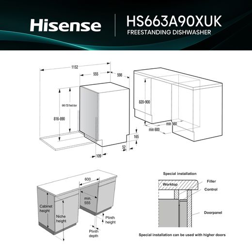 Hisense Standard Dishwasher - Stainless Steel - Annotation - Dimension shot 