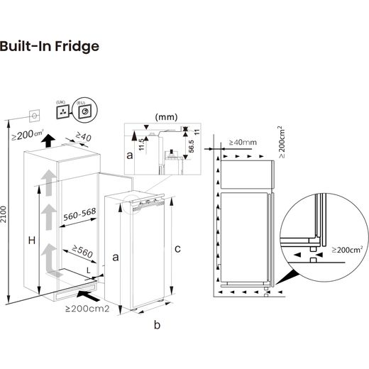 Hisense RL3B303SAWE Integrated Upright Fridge - Fixed Door Fixing Kit - White - Annotation - Dimension shot