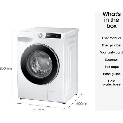 Samsung Series 6 AI Energy ecobubble™ WW90DG6U25LEU1 9kg WiFi Connected Washing Machine with 1400 rpm - White - Dimensions
