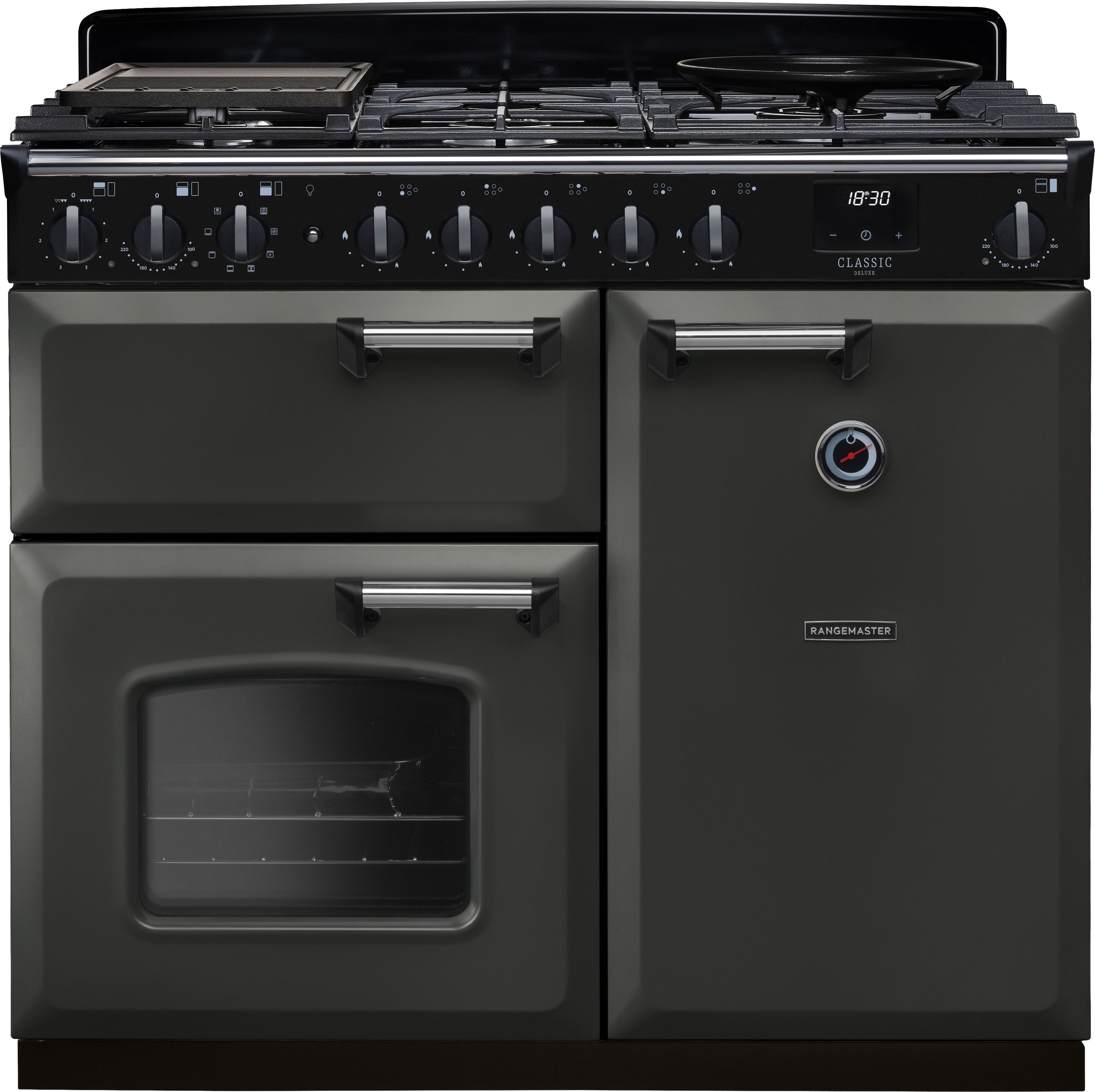 Image of Rangemaster Classic Deluxe 100 Dual Fuel CLDL100DFPSLT/CM1 100cm wide Dual Fuel Range Cooker with Gas Hob - Slate / Chrome - A/A Rated, Grey