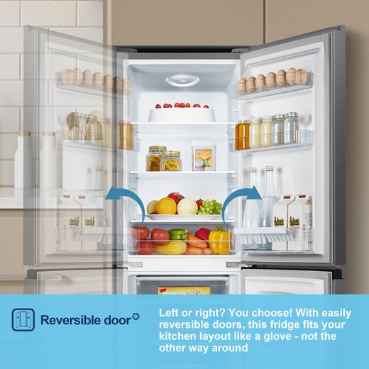 Fridgemaster MC50165ES 143cm 60/40 Small Fridge Freezer - Silver - Annotation - Reversable door shot