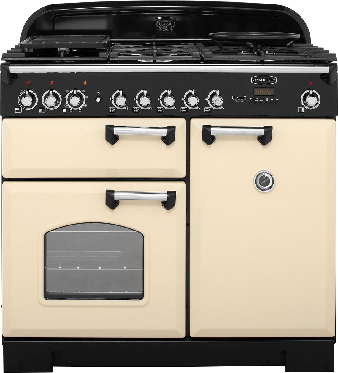 Rangemaster Classic Deluxe CDL100DFFCR/C 100cm Dual Fuel Range Cooker - Cream / Chrome - A/A Rated, Cream
