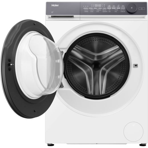 Haier X7 HW120-B14367U-UK 12kg Washing Machine with 1400 rpm - White - Front with door open shot