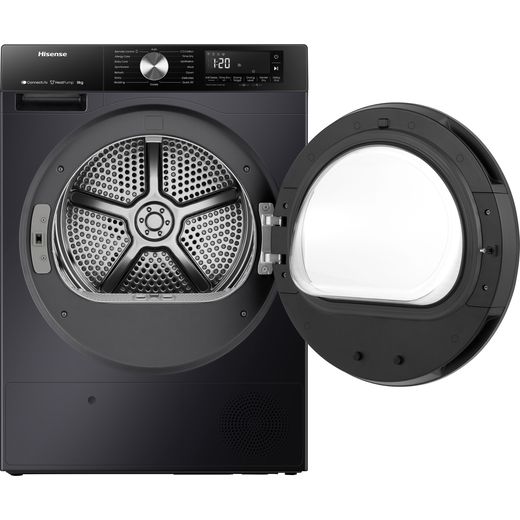 Hisense 3S Series DH3S802BB3 Wifi Connected 8Kg Heat Pump Tumble Dryer - Black -  Front with door open shot 