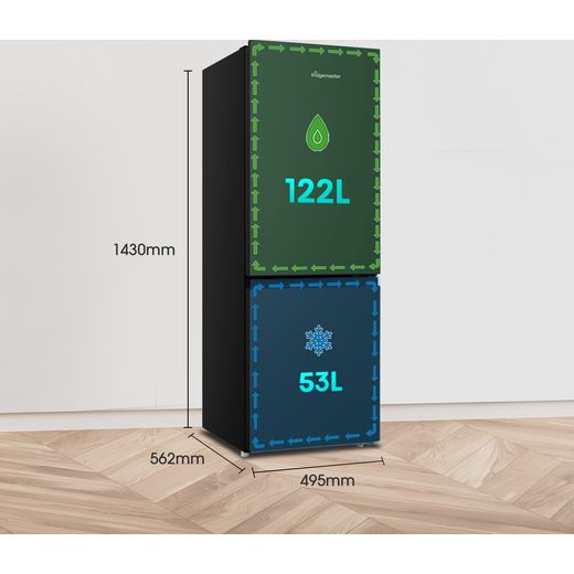 Fridgemaster MC50165EB 143cm 60/40 Small Fridge Freezer - Black - Annotation - Dimension shot 