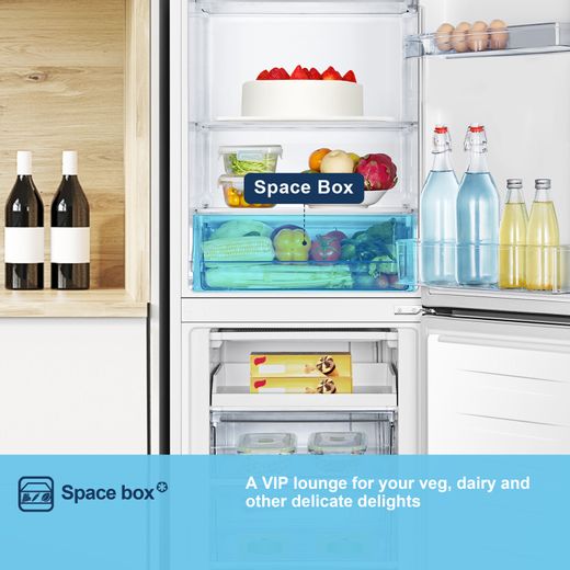 Fridgemaster MC55240E 174cm 50/50 Fridge Freezer - White - Annotation - Space box
