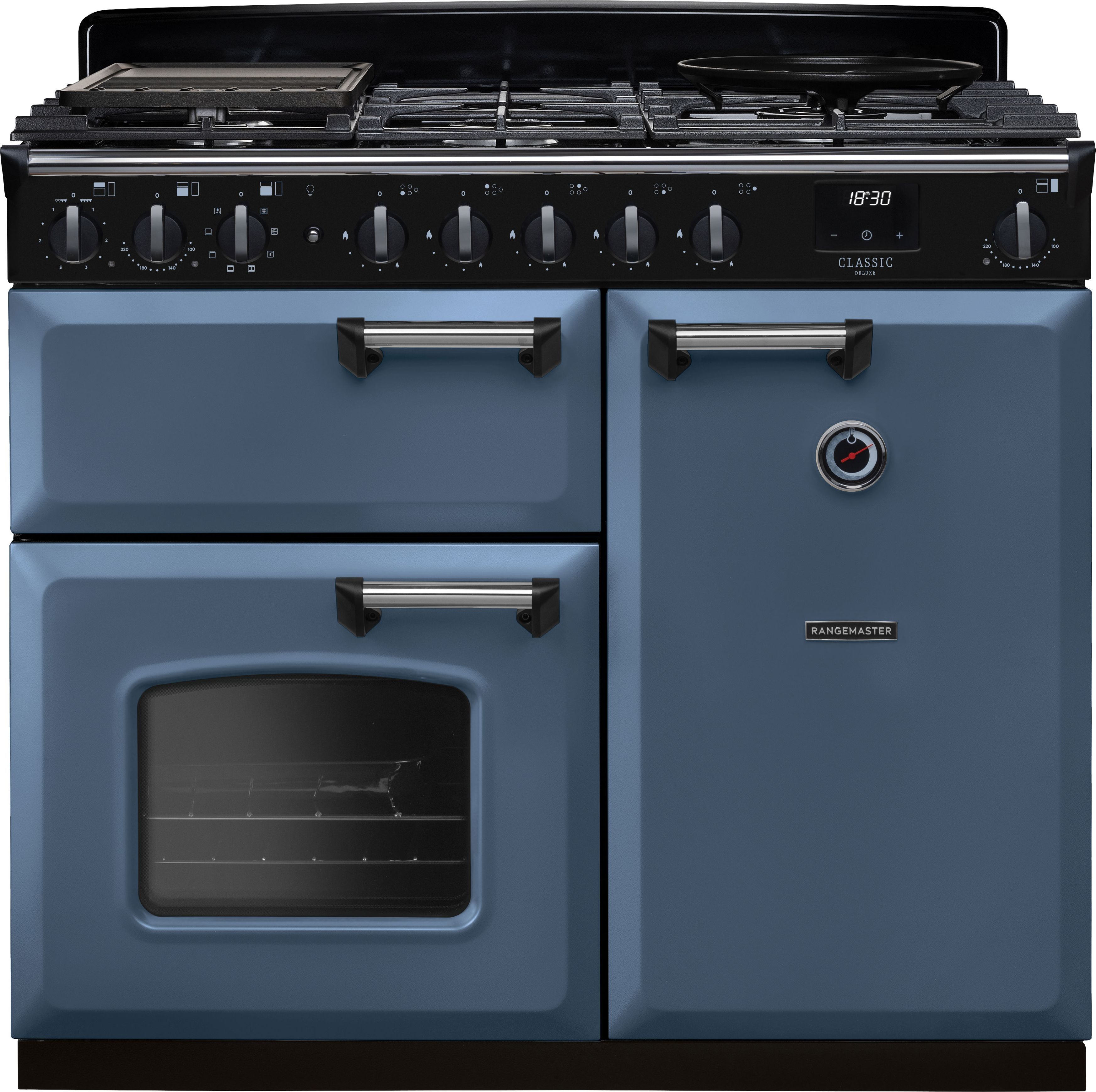 Image of Rangemaster Classic Deluxe 100 Dual Fuel CLDL100DFPSTB/CM1 100cm wide Dual Fuel Range Cooker with Gas Hob - Stone Blue / Chrome - A/A Rated, Blue