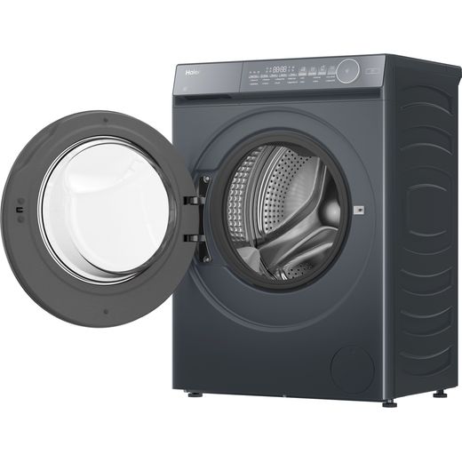 Haier X Series 7 HW90-B14367GTUUK 9kg Washing Machine with 1400 rpm - Graphite - Left perspective with door open shot