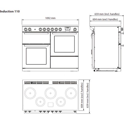Rangemaster Electric Range Cooker with Zone induction hob Hob - Mineral Green / Chrome - Annotation - Dimension shot