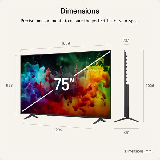 LG 75" 4K Ultra HD MiniLED Smart TV - Annotation - dimensions shot