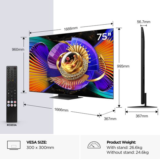 TCL 75" 4K Ultra HD SQD-Mini LED Smart Google TV - annotation - dimensions shot