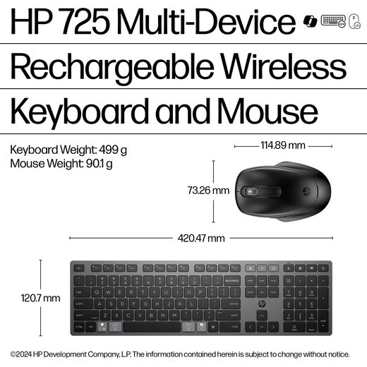 HP 720 Wireless Keyboard and Mouse Combo Wireless Keyboard - Black - Annotation - Dimensions