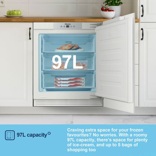 Fridgemaster Integrated Under Counter Freezer with Fixed Door Hinge Kit - annotation - capacity  shot
