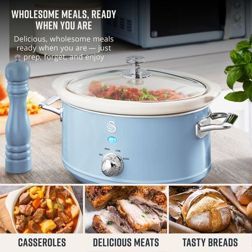 Swan Retro SF17021BLN 3.5 Litre Slow Cooker - Blue - Annotation - Wholesome meals shot