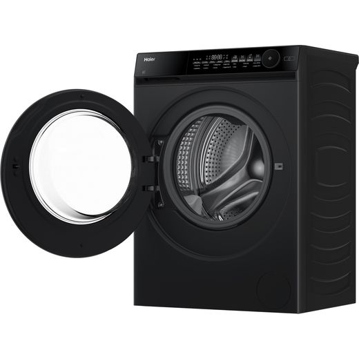 Haier HW100B14367BU1UK WiFi Connected Washing Machine with 1400 rpm - Black Steel - Left perpsective with door open shot