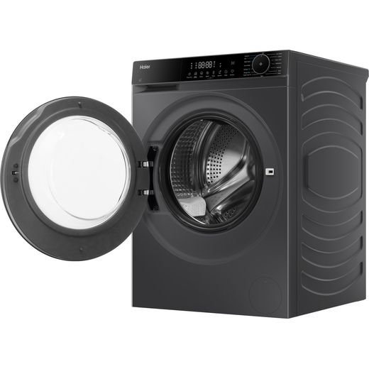 Haier X5 Plus HW120BP14357AGUK 12kg Washing Machine with 1400 rpm - Graphite - left perpsective with door open shot
