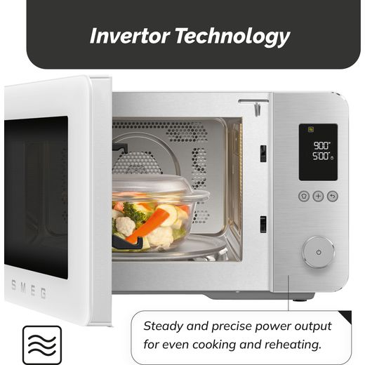 Smeg Collezione MOC02WHMUK 27 Litre 30cm High, Freestanding Small Combination Microwave Oven - White - annotation - inverter tech