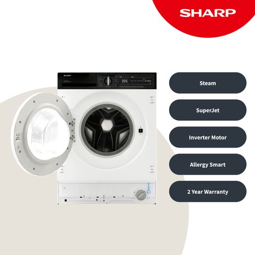 Sharp ES-NIH714BWA-EN Integrated 7kg Washing Machine with 1400 rpm - White - Annotation - Features