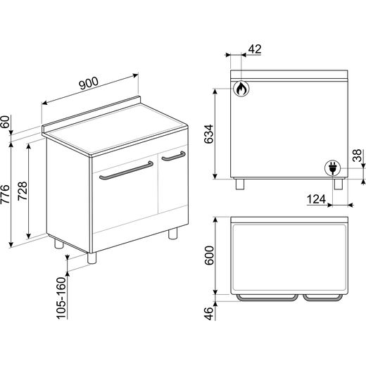 CX92GM Stainless Steel 90cm  Double Cavity Dual Fuel Cooker - Annotation - Dimensions shot 