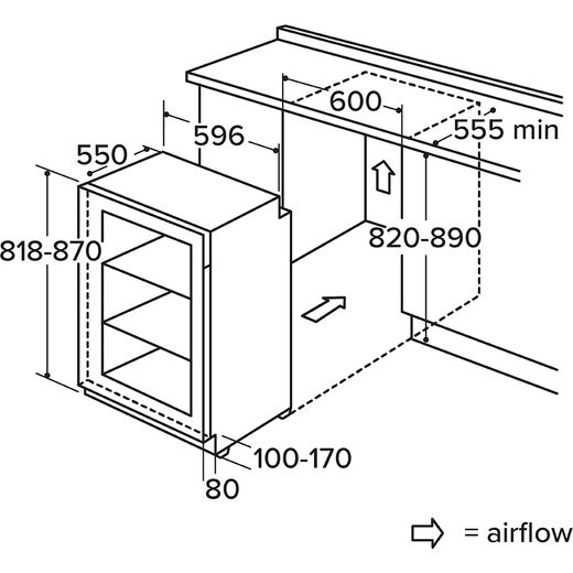 CDA FWU201 Integrated Under Counter 82cm Fridge - White - annotation - dimensions shot 