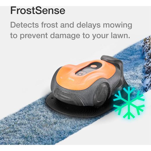 Flymo UltraLife 800 Robotic Lawn Mower - Sunset Orange - annotation - frost sense shot