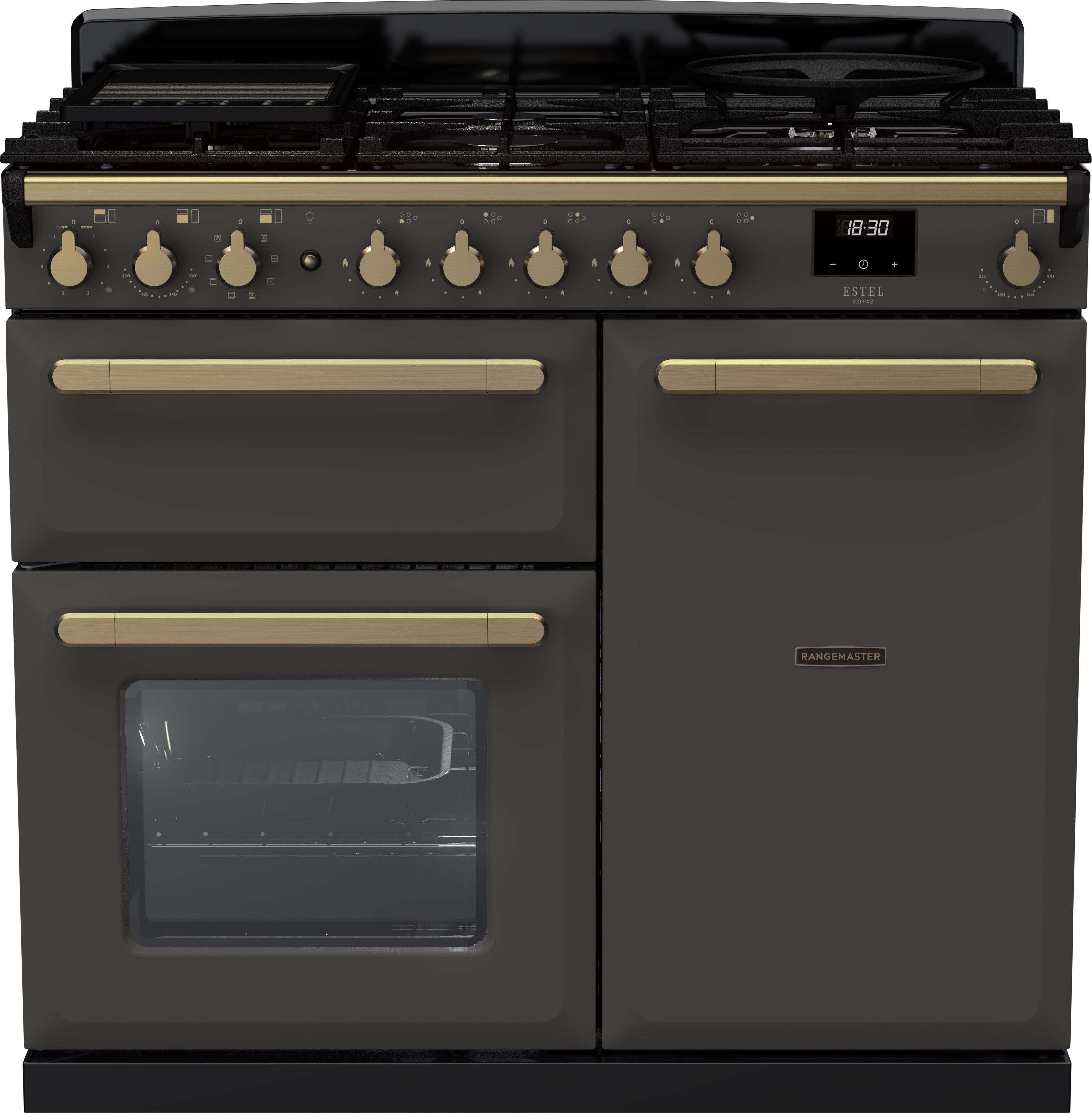 Image of Rangemaster Estel Deluxe ESDL100DFPSLT/AB1 100cm wide Dual Fuel Range Cooker with Gas Hob - Slate / Antique Brass - A/A Rated, Grey