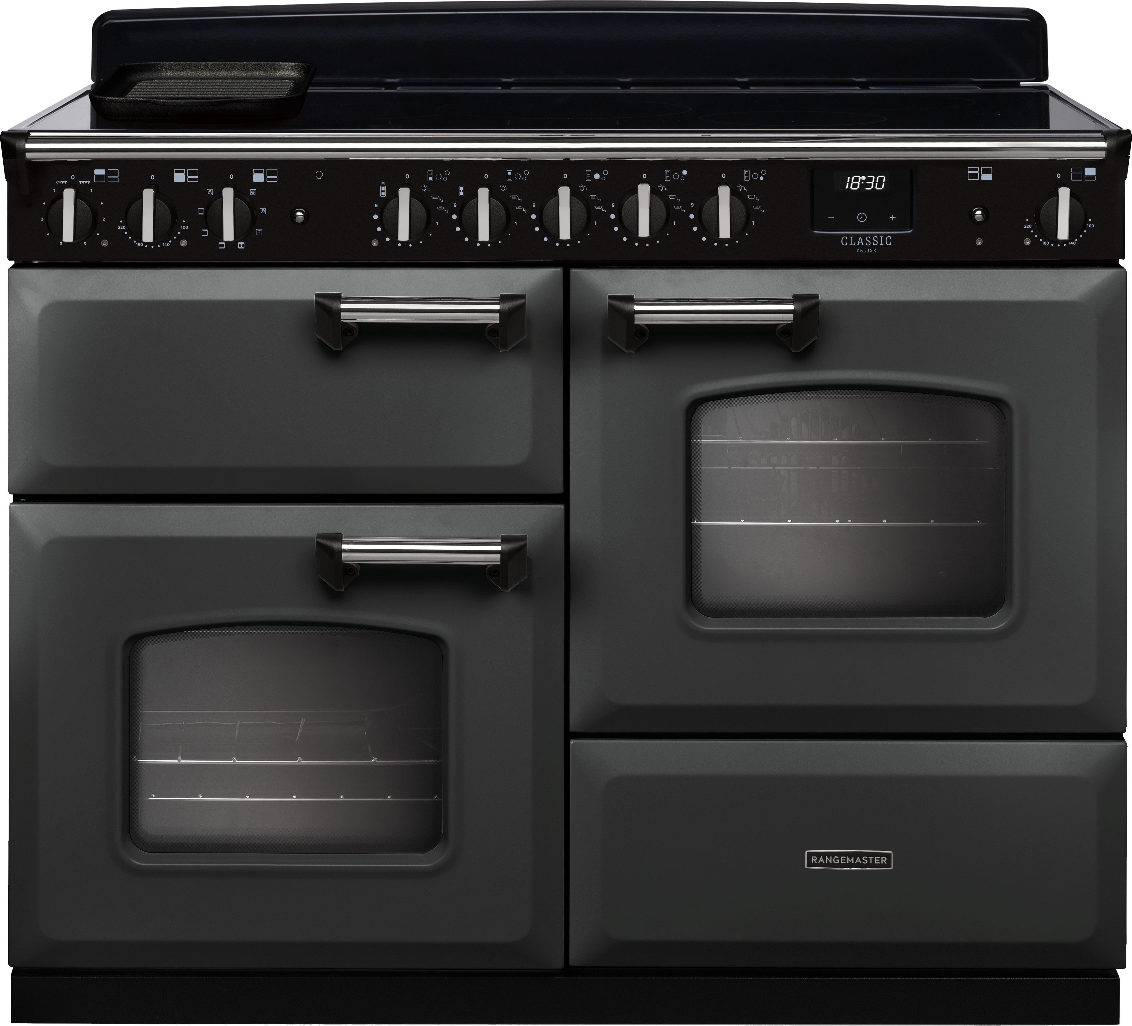 Image of Rangemaster Classic Deluxe OC CLDLO110EIPSLT/CM1 110cm wide Electric Range Cooker with Induction Hob - Slate / Chrome - A/A Rated, Grey