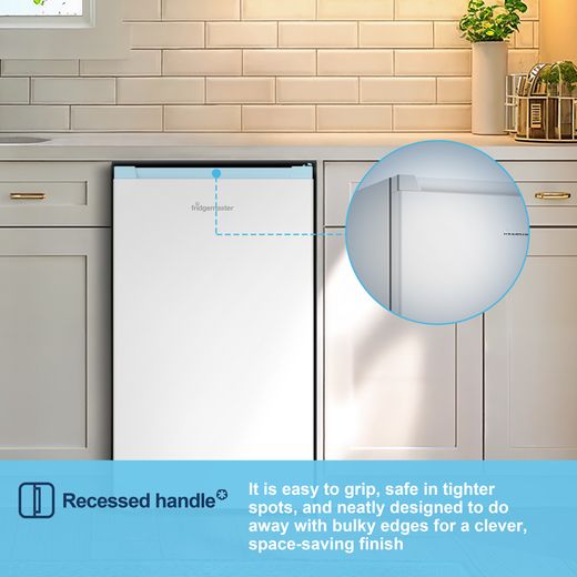 Fridgemaster MUR4894E Compact 84cm Fridge with Ice Box - White - Annotation - recessed handle shot