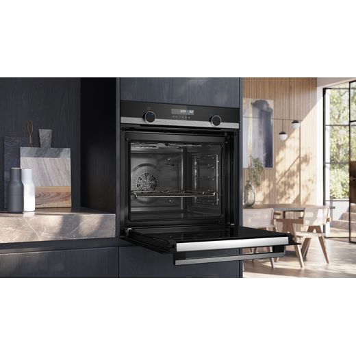 Siemens IQ-500 Built In Electric Single Oven - Stainless Steel - Oven with door open in kitchen shot