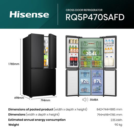 Hisense PureFlat American Fridge Freezer - Black Stainless Steel - Annotation - dimensions shot