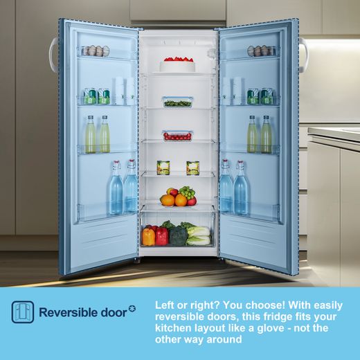 Fridgemaster MTL55242E 143cm Small Fridge - White - Annotation - Reversible door