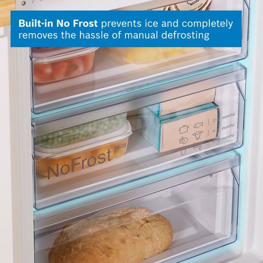 Bosch Series 2 KIN96NSE0G 194cm High 60/40 Integrated Fridge Freezer with Sliding Door Fixing Kit - White - Annotation - No frost shot