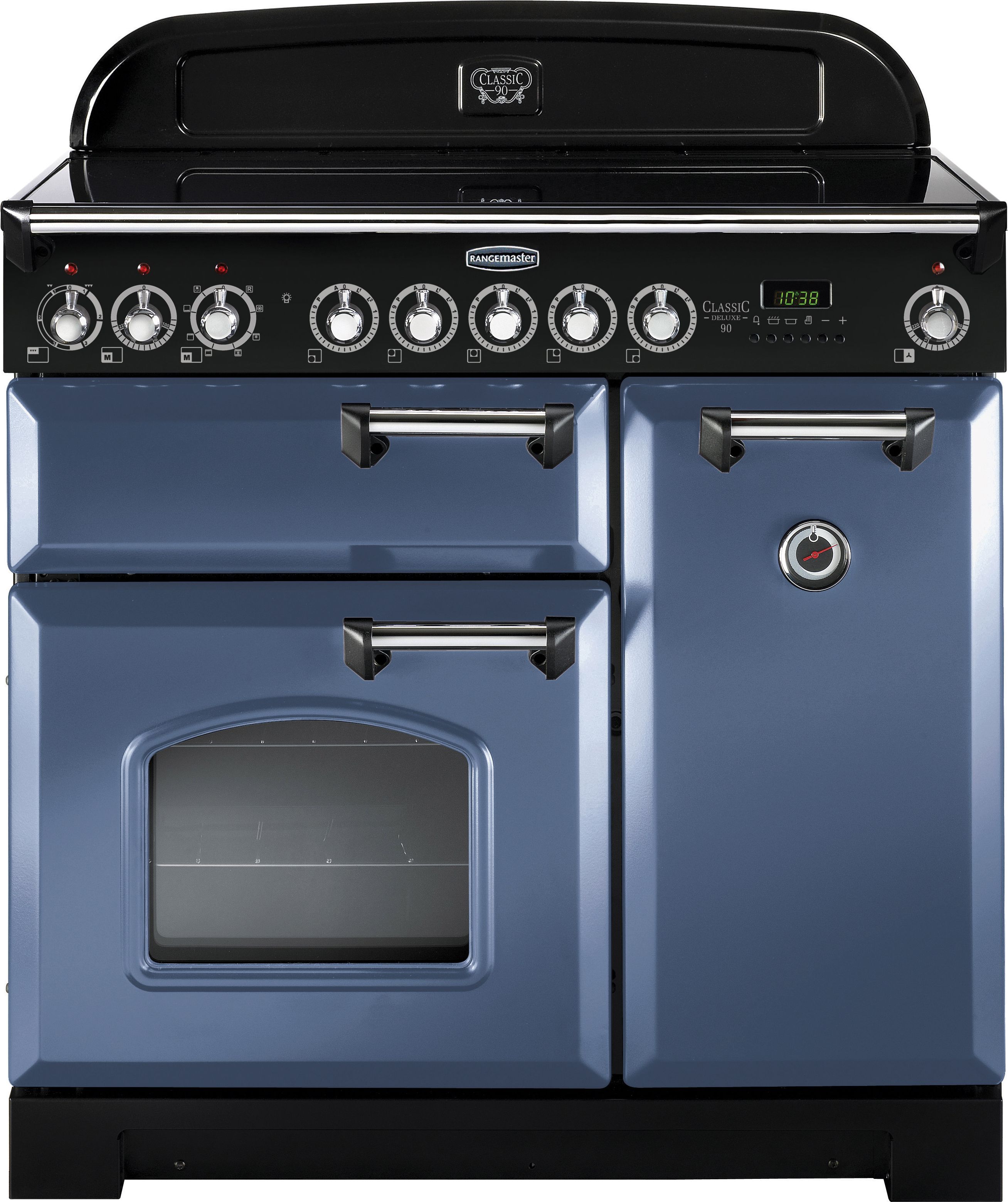 Rangemaster Classic Deluxe CDL90EISB/C 90cm Electric Range Cooker with Induction Hob - Stone Blue / Chrome - A/A Rated, Blue