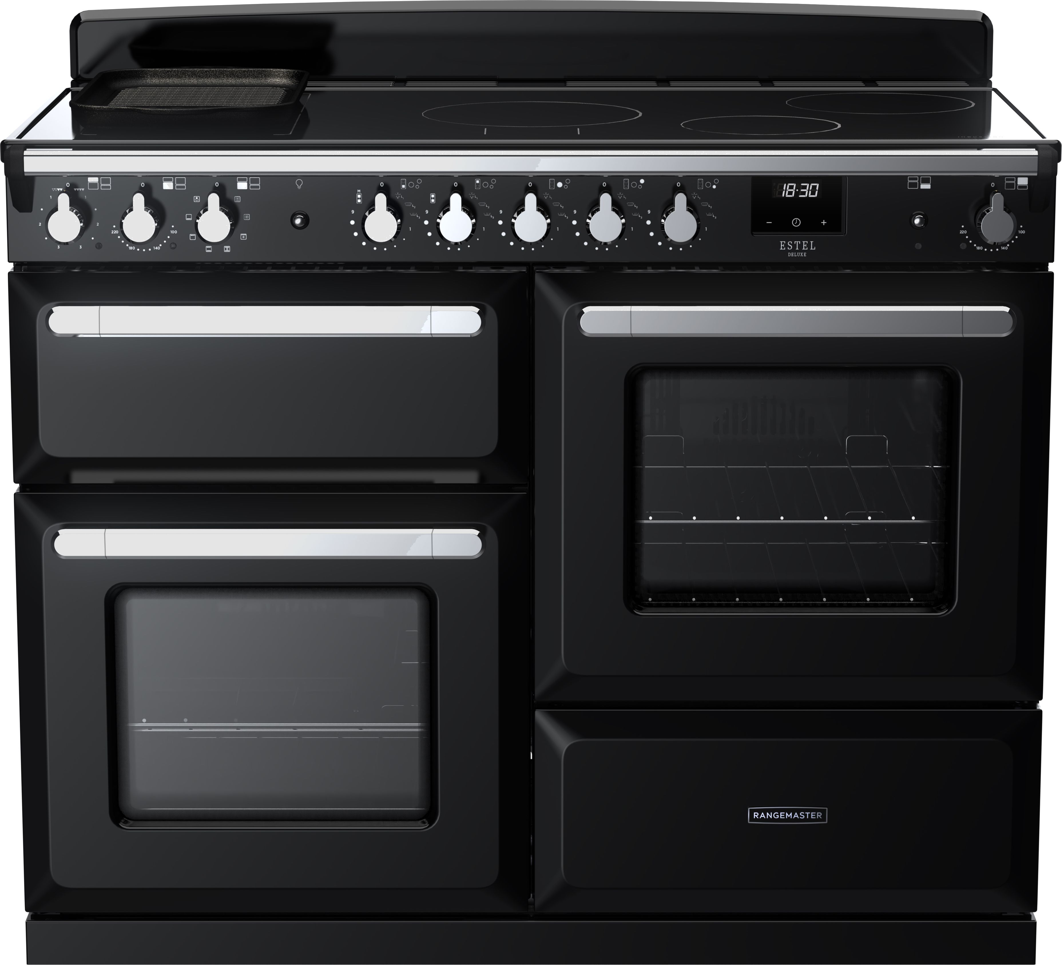 Image of Rangemaster Estel Deluxe ESDLO110EIPGBL/CM1 110cm wide Electric Range Cooker with Induction Hob - Black / Chrome - A Rated, Black